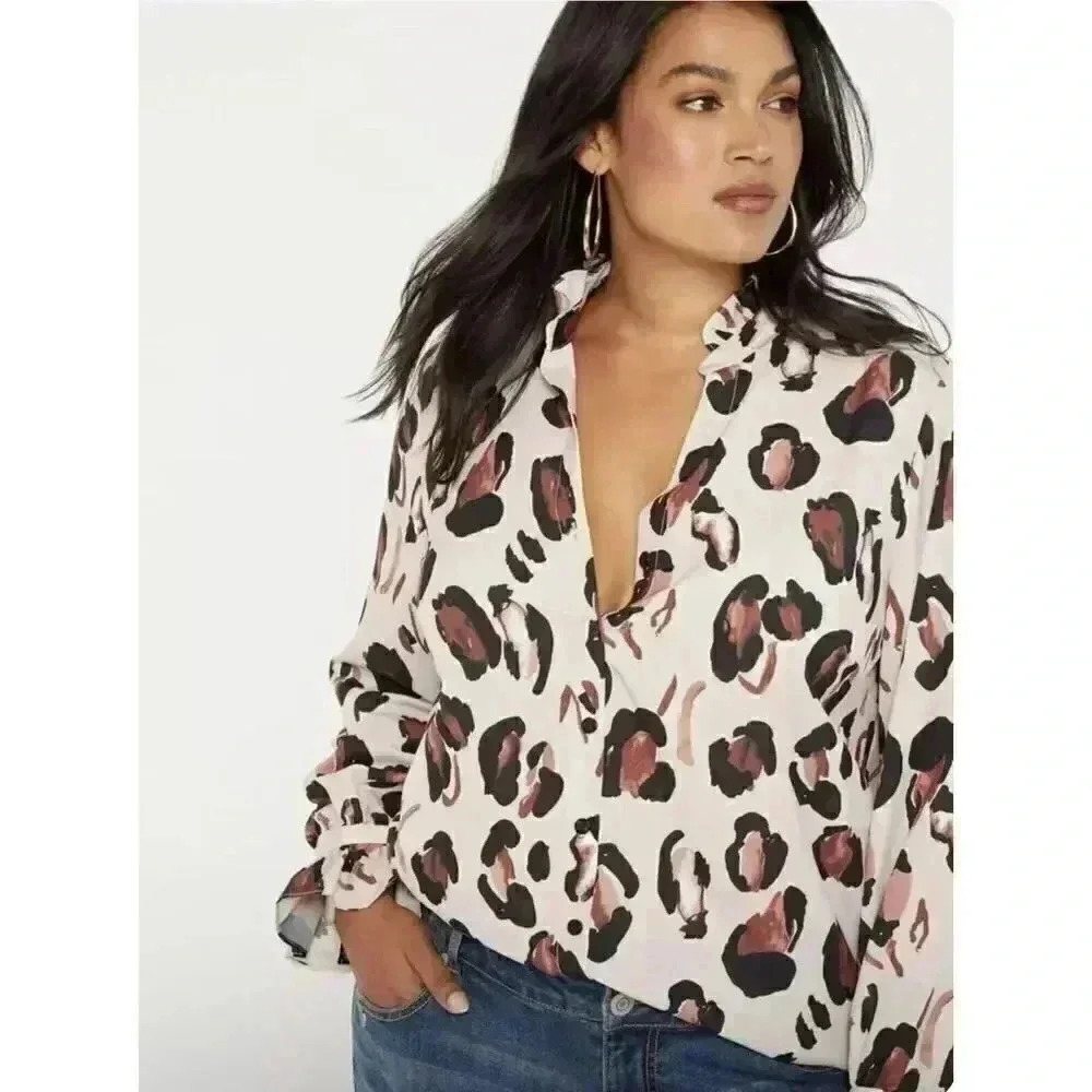 ELOQUII Printed Button Down Shirt Animal Print Leopard Ruffle Neck, Size 16